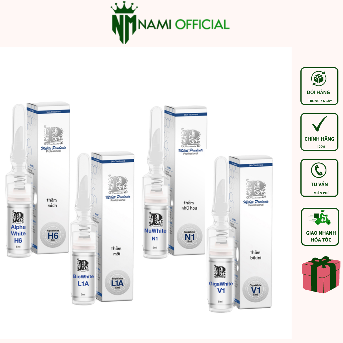 Kem Khử Thâm làm hồng Mibiti Prudente Nuwhite 5ml-làm hồng nhũ hoa ,vùng kín, môi, nách, bẹn, mông