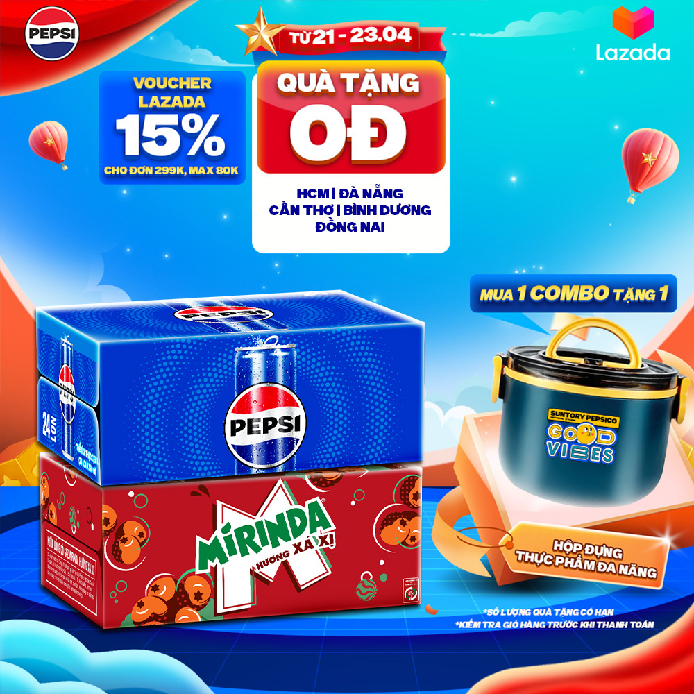 Combo 2 Thùng 24 Lon Nước Ngọt Có Gaz Pepsi và Mirinda Xá Xị (320ml/lon)