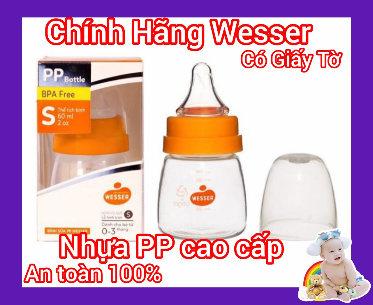 Bình sữa cho bé sơ sinh cổ nhỏ wesser 60ml