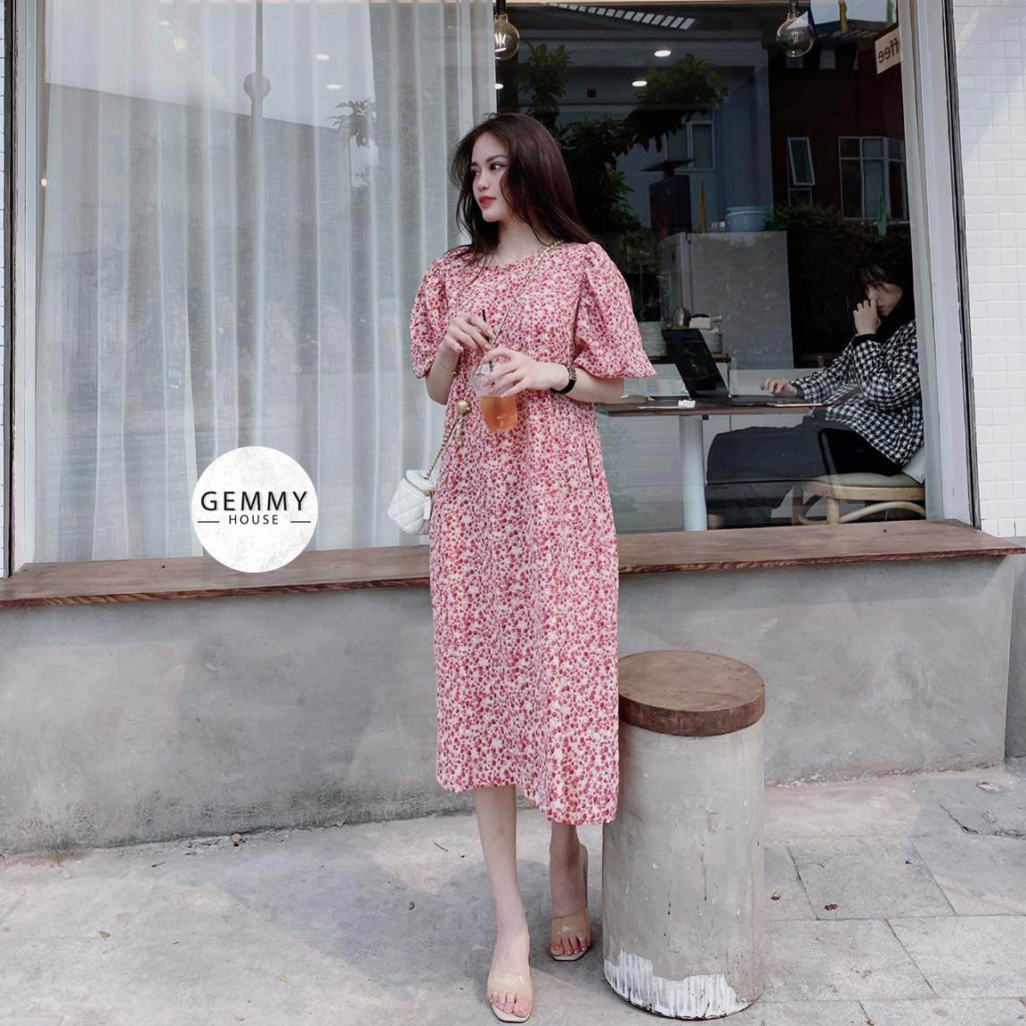 Váy xuông dài, váy hoa nhí vintage Gemmy House tay chun