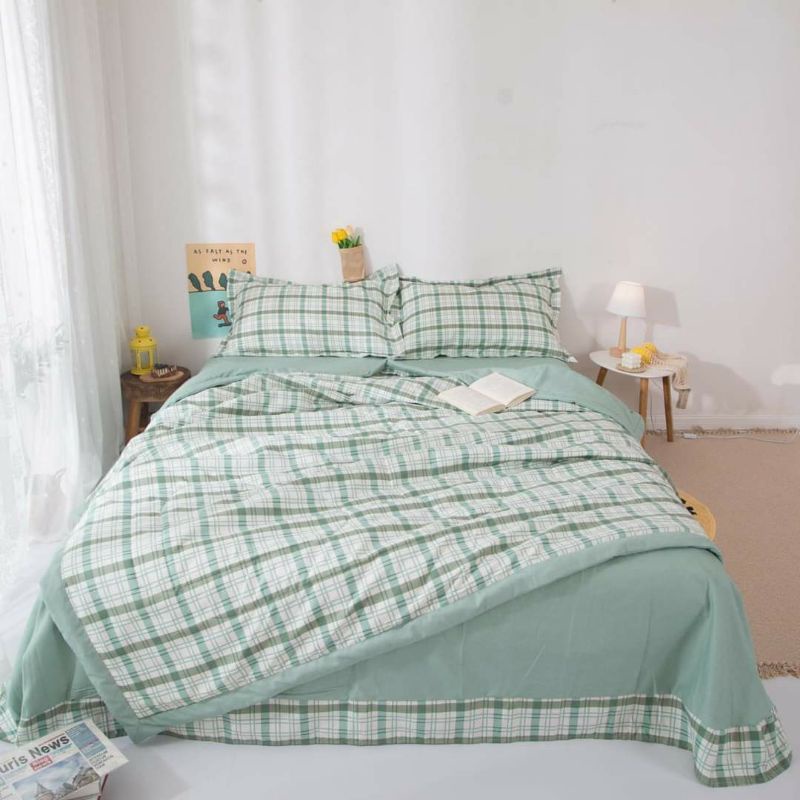FreeShip Bộ chăn ga gối trần bông Cotton Đũi, Bộ chăn ga gối 5 món, Bộ chăn trần bông
