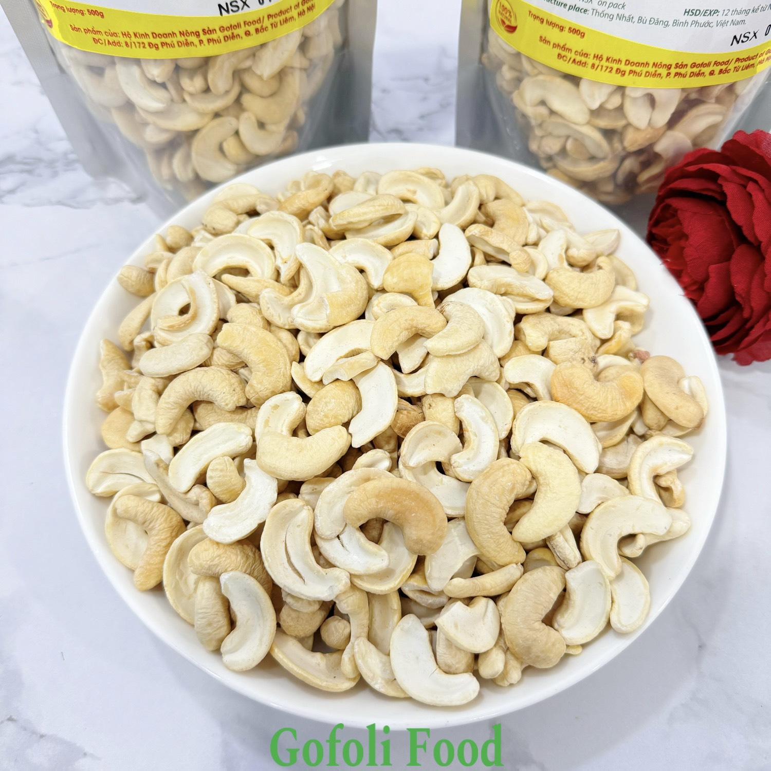 Hạt điều bể đôi Gofoli 500g, sấy mộc nguyên vị không muối, loại ngon, giòn thơm béo, không ỉu ẩm hôi mốc/ Unsalted roasted split cashew nuts, delicious, crunchy, nutty flavor, high quality