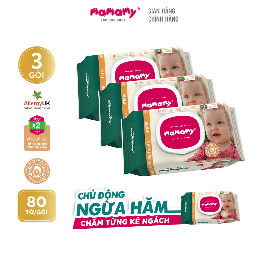 Combo 3 gói Khăn ướt Mamamy 80 tờ có nắp, có mùi/không mùi an toàn cho bé