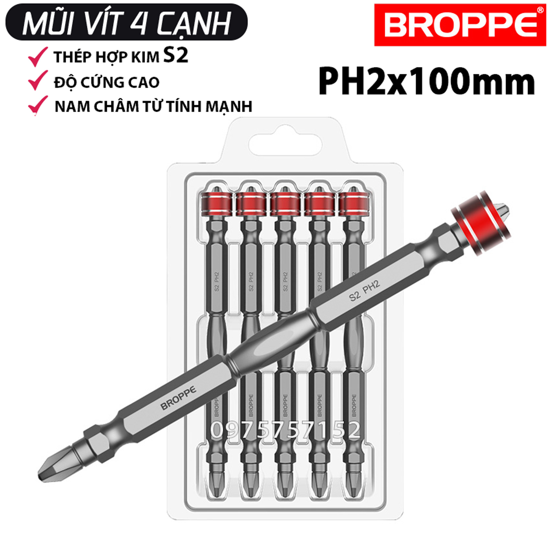  Mũi vít 4 cạnh có nam châm trợ lực PH2 dài 100mm BROPPE | Đầu mũi bắn vít Bake có vòng giới hạn nam châm siêu hít chân lục giác thép hợp kim S2 nhập khẩu Đài Loan Mũi bắt vít 2 đầu PH2 