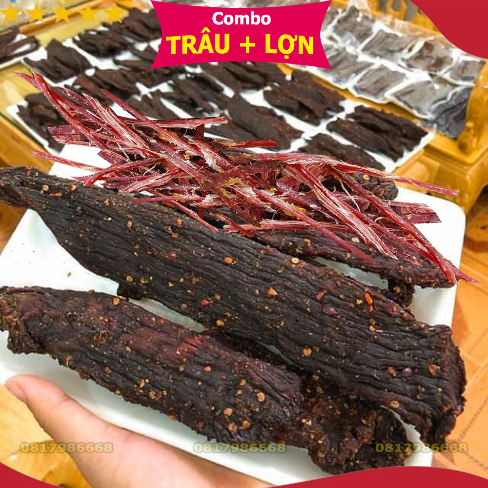 Trâu gác bếp 200g và Lợn gác bếp 200g hun khói (Combo 2 gói) hút chân không tặng kèm chẩm chéo, thịt khô gác bếp Tây Bắc hàng chọn lọc thơm lừng mắc khén đặc sản Sơn La làm quà biếu