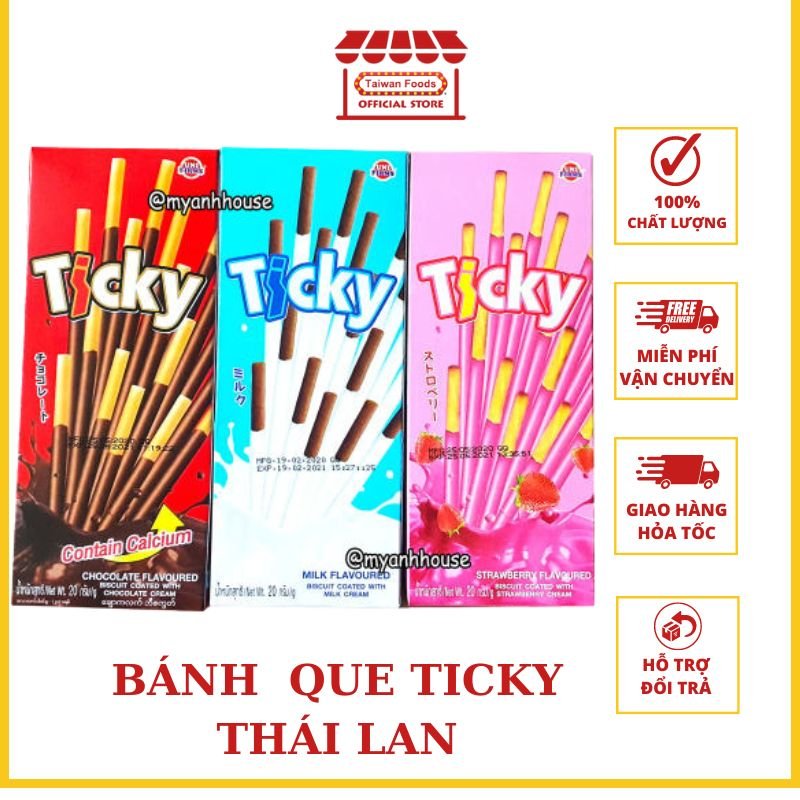 Bánh que ticky thái lan phủ kem 3 vị socola , sữa , dâu - hộp 6 que - 20gr
