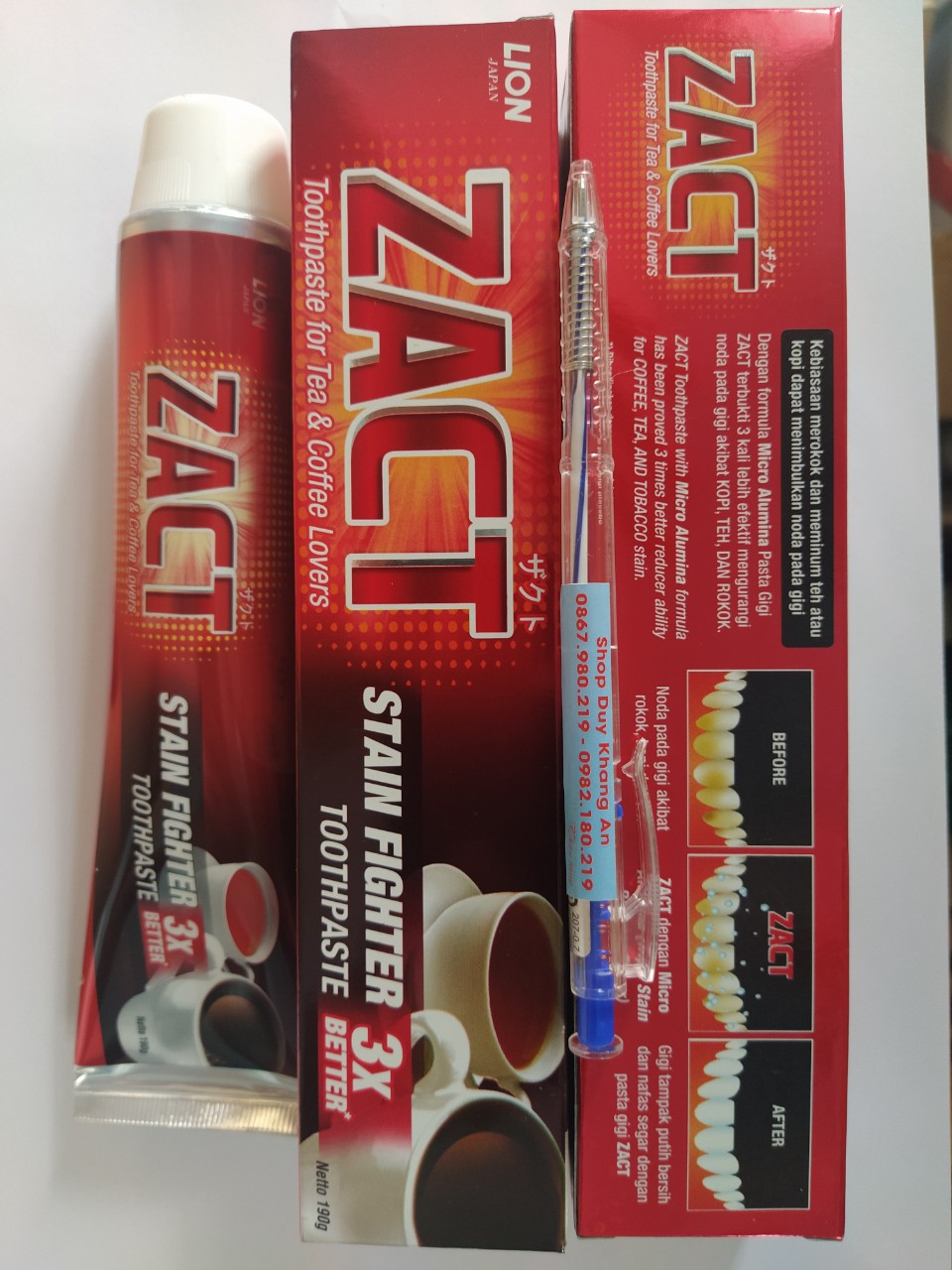 Combo 5 tuýp kem đánh răng Zact 190g nhập khẩu Indonesia hoặc Thái Lan