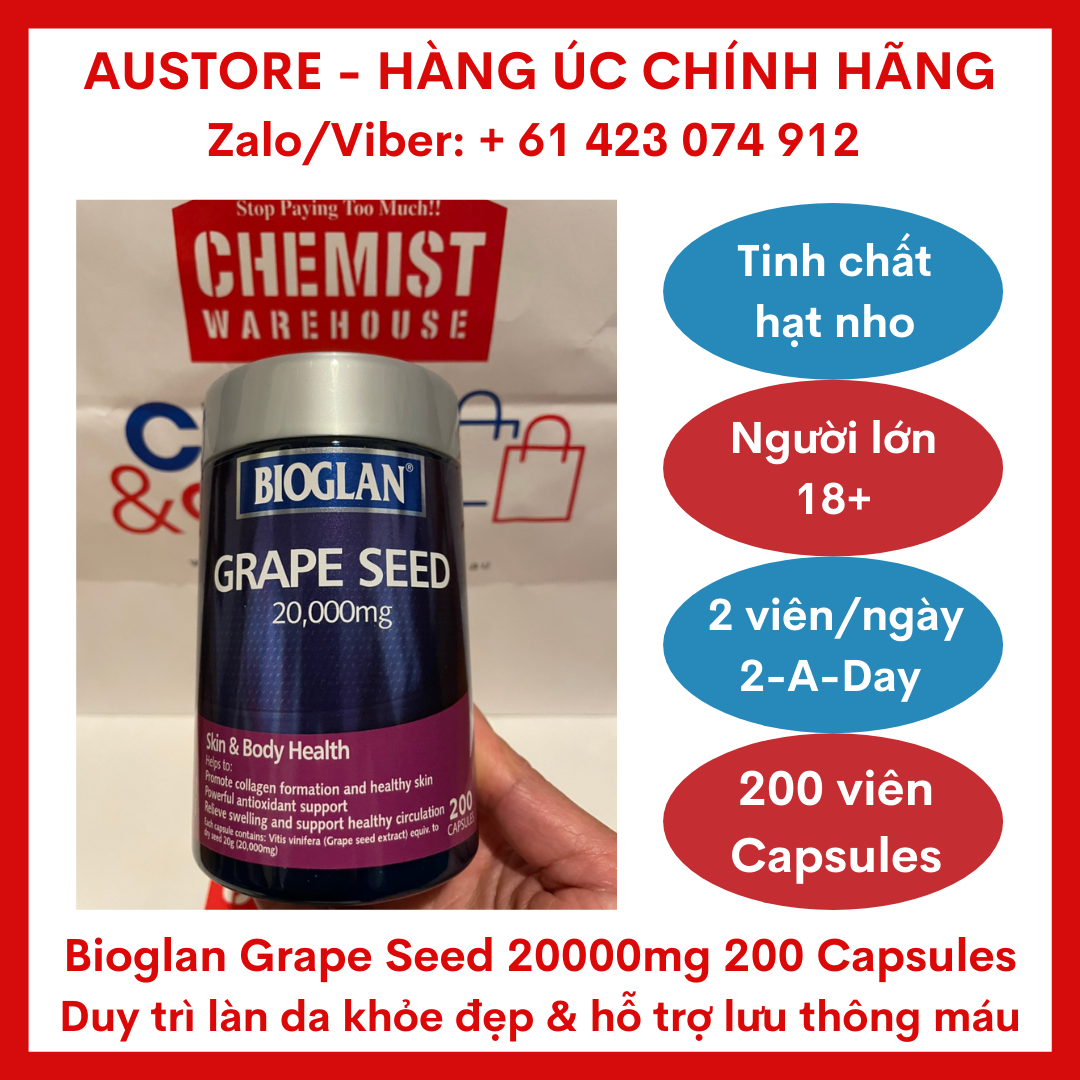 [Bill Úc, Date mới] Bioglan Grape Seed 20000mg 200 Capsules - Tinh chất hạt nho Bioglan hàm lượng cao giúp duy trì làn da khỏe đẹp, hỗ trợ lưu thông máu ngoại vi, giảm các triệu chứng giãn tĩnh mạch nhẹ