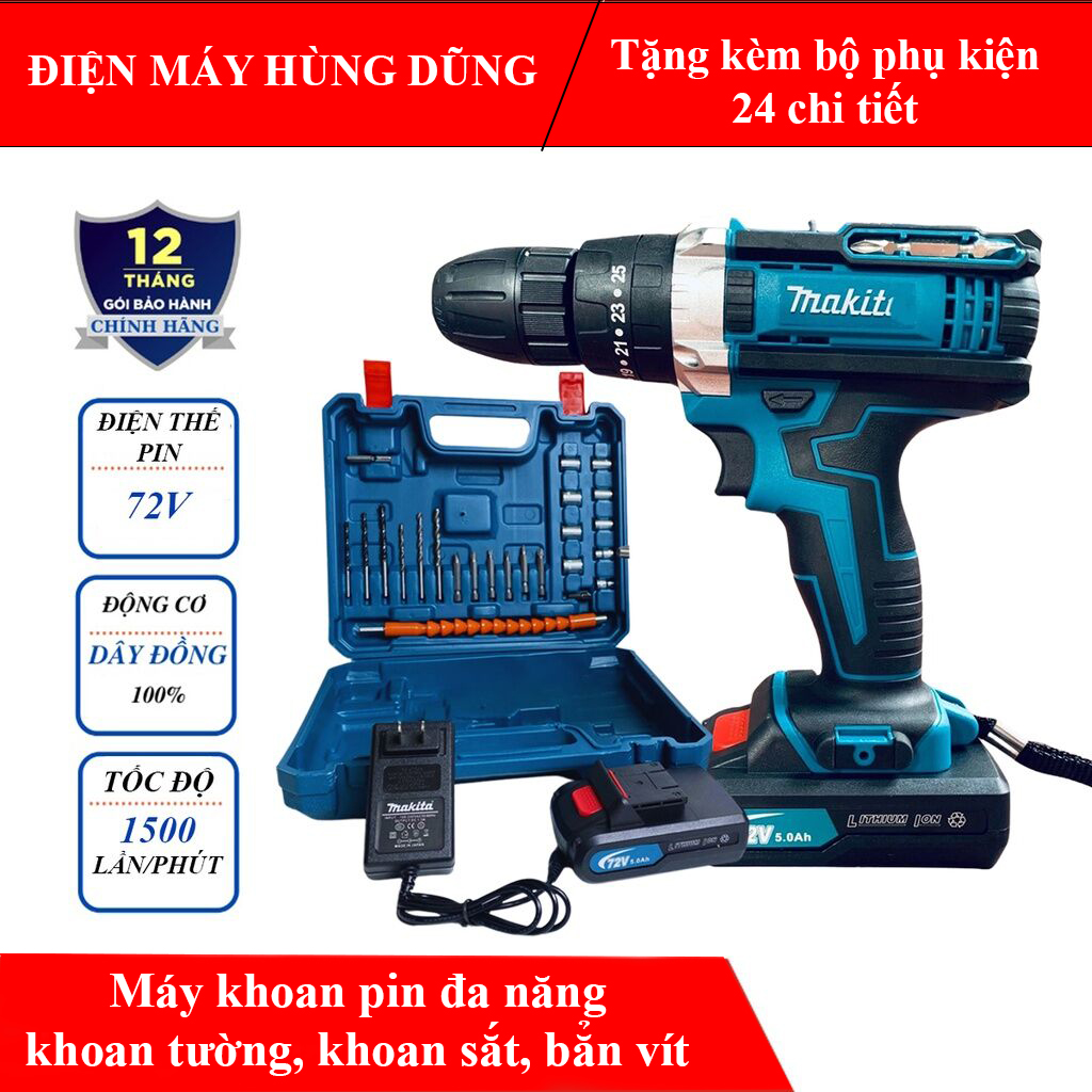 Máy khoan pin 72V Makita 3 chức năng có búa - Tặng kèm 24 chi tiết gồm các mũi khoan + Mũi bắt vít