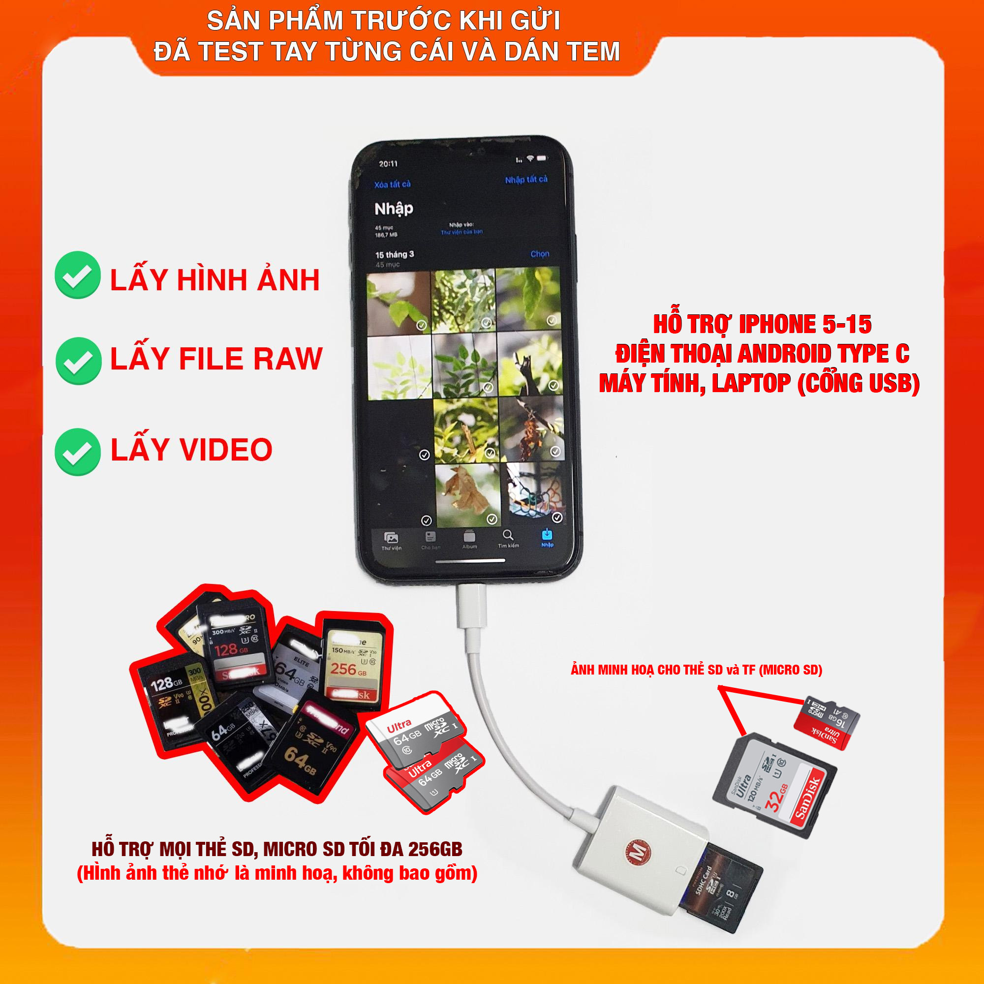 Đầu đọc thẻ nhớ SD, TF lấy ảnh từ máy ảnh sang điện thoại di động