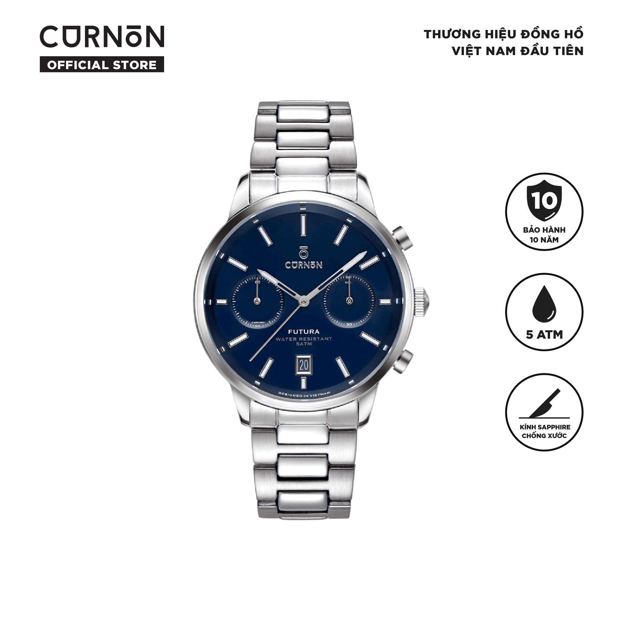 Đồng hồ nam Chronograph Curnon Futura Vega dây thép cao cấp - Thiết kế thể thao, thời trang - Tính năng bấm giờ - Kính Sapphire, chống nước 5ATM - Hàng chính hãng