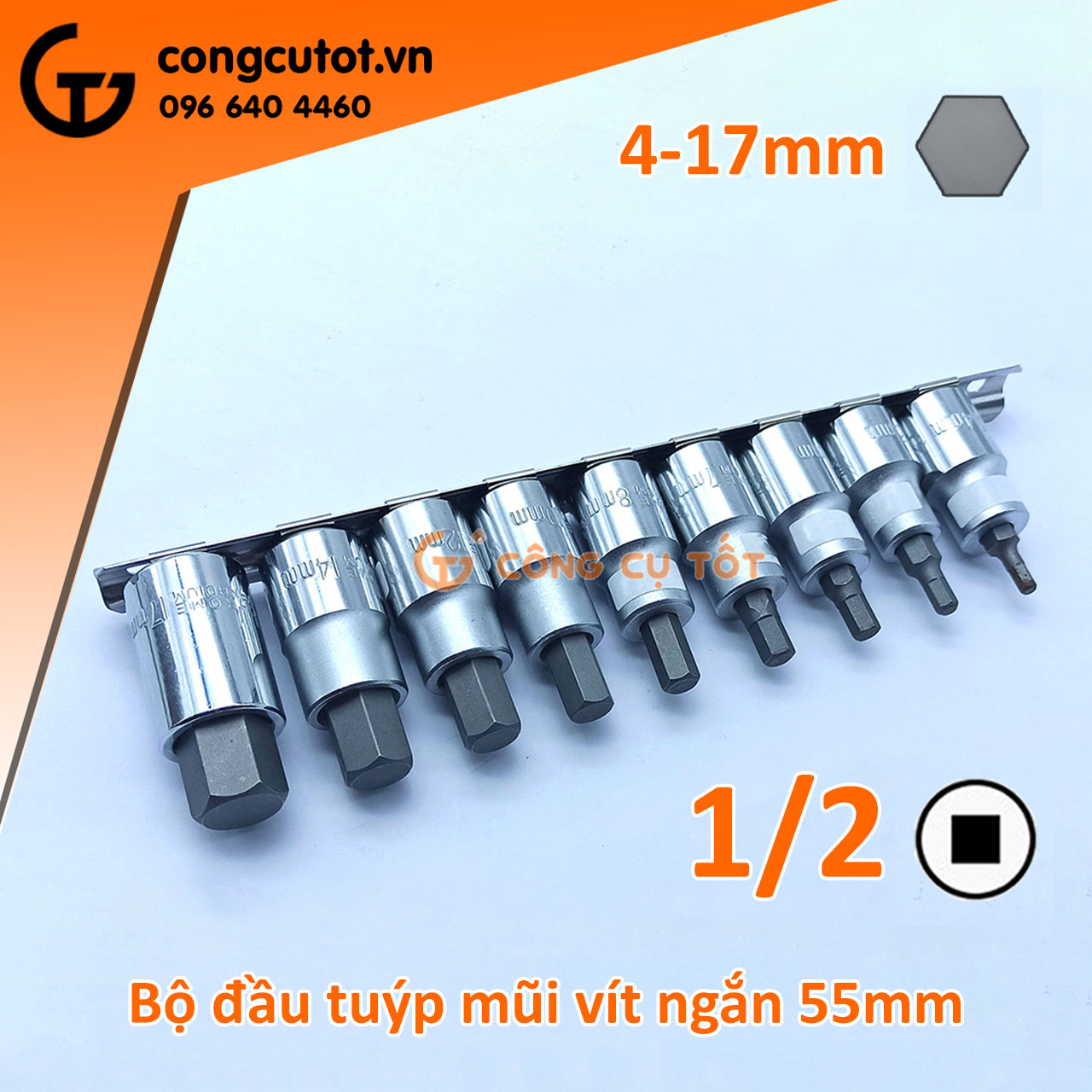 Bộ 9 Đầu tuýp - khẩu 1/2 inch đầu lục giác thép CrV dài 55mm TẶNG giá đỡ gắn tường bằng inox