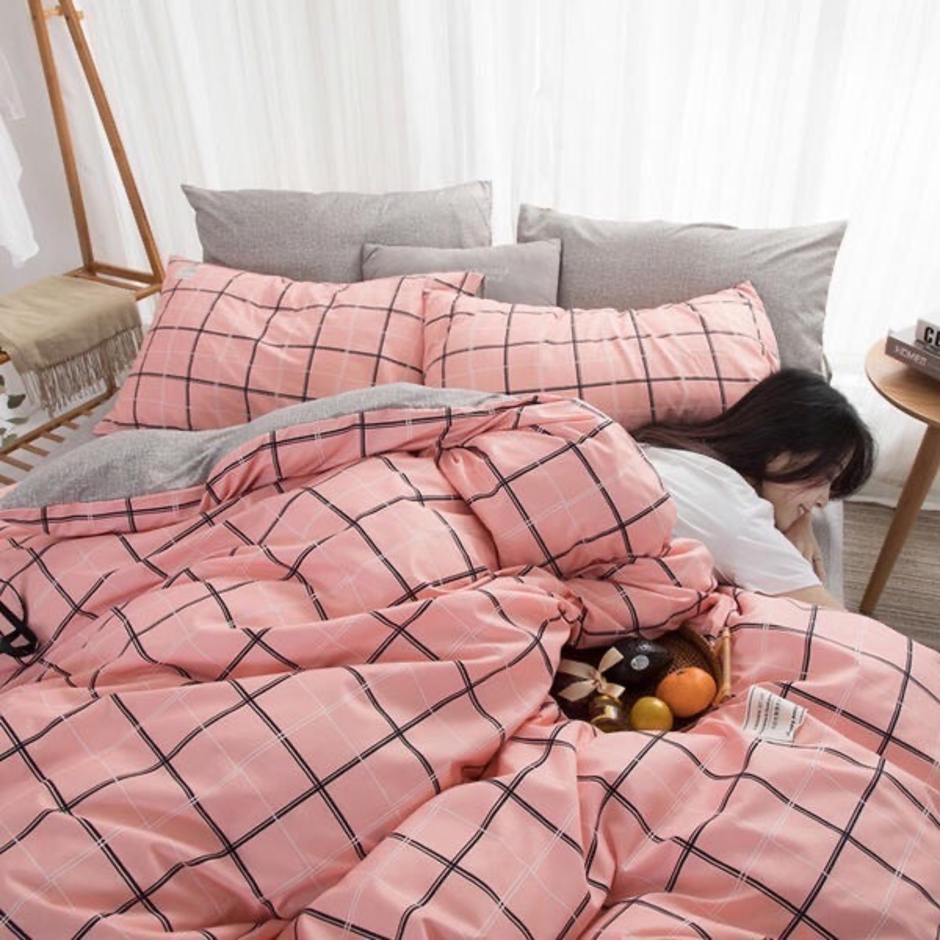 Bộ chăn ga gối phong cách Hàn Quốc caro hồng phấn bo chun đủ kích thước