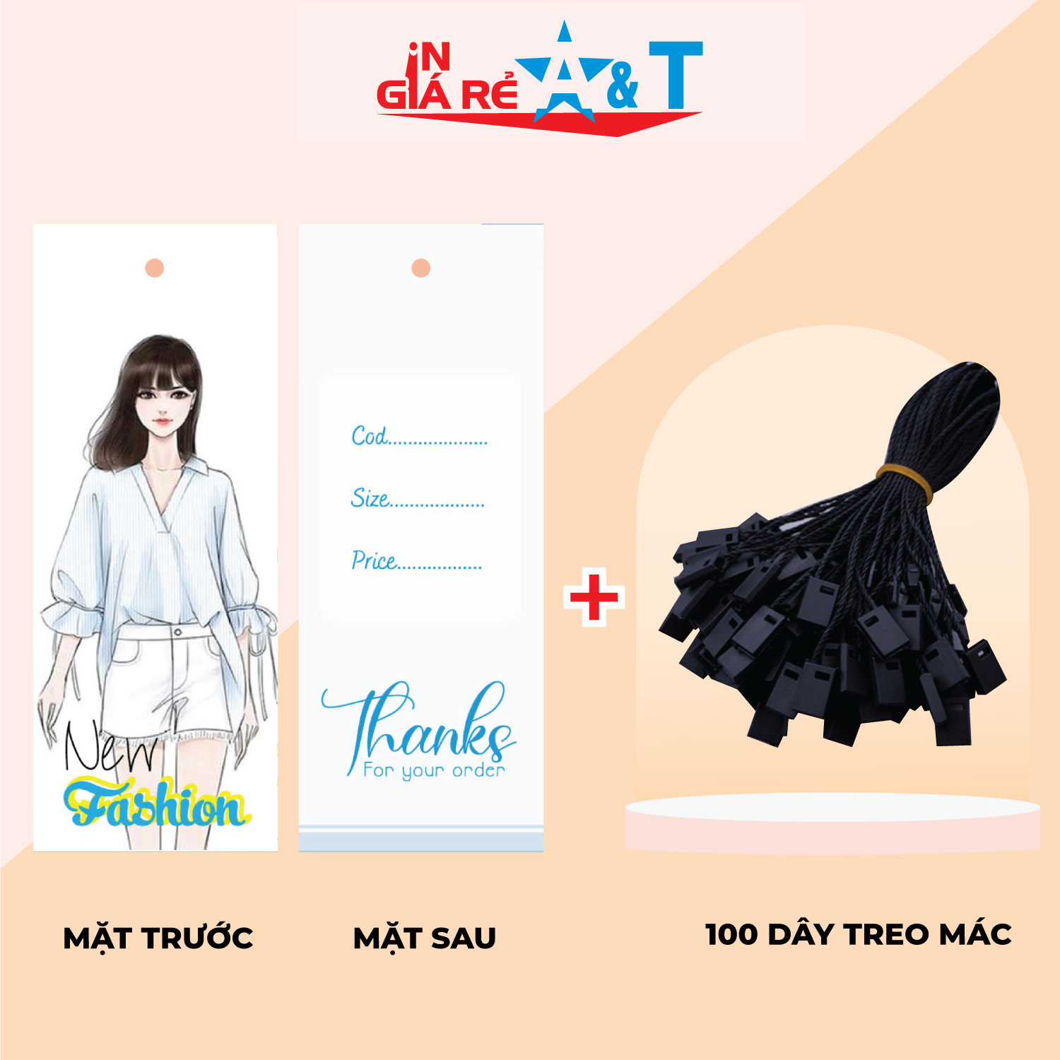 Set Bộ mác quần áo & dây treo mác quần áo, gồm 100 mác quần áo giấy bìa cứng sang trọng và 100 dây dù treo tag mác