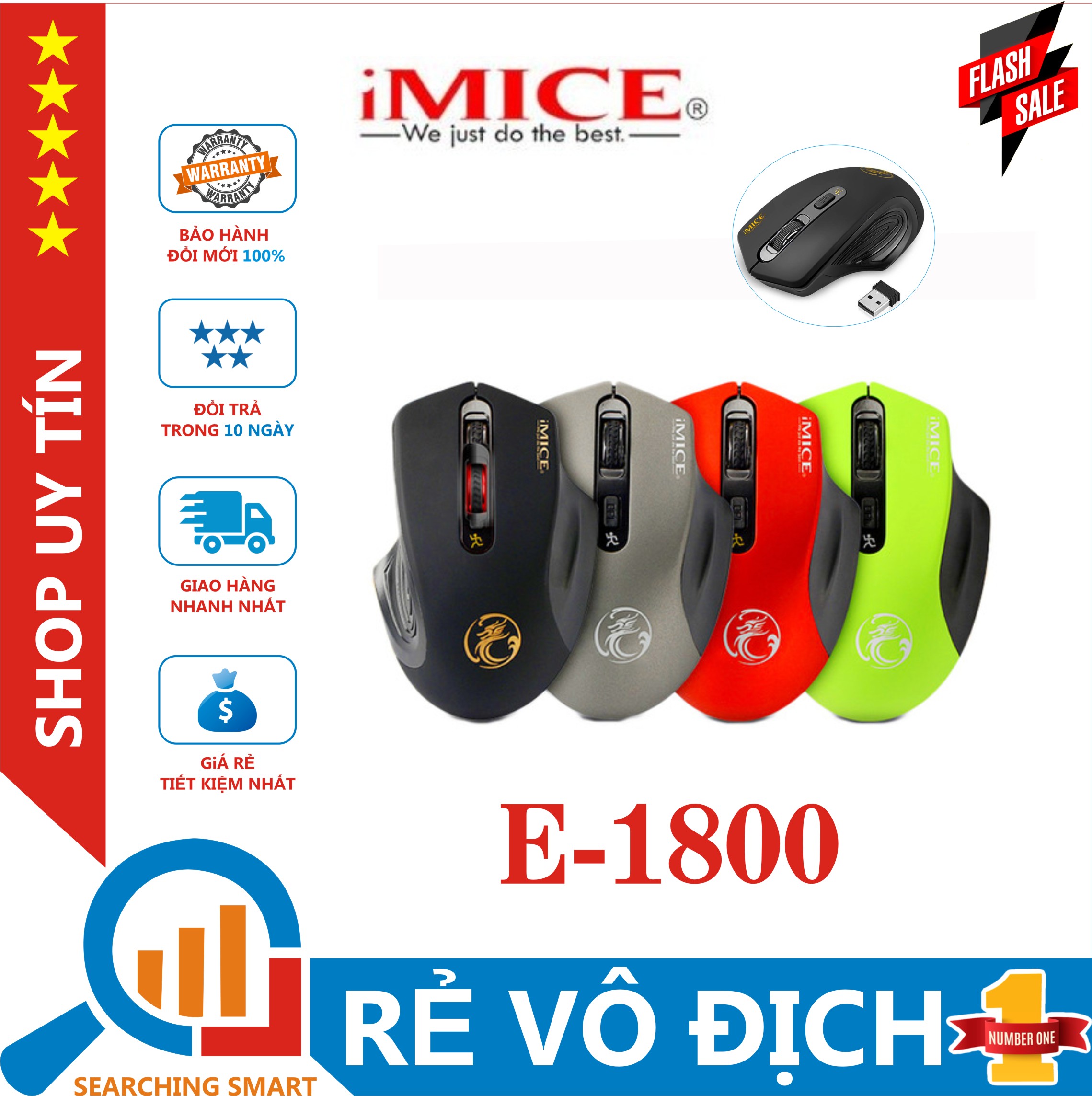 Chuột không dây gaming mouse imice e-1800 - phím êm - max 1600 dpi - bảo hành chính hãng 12 tháng