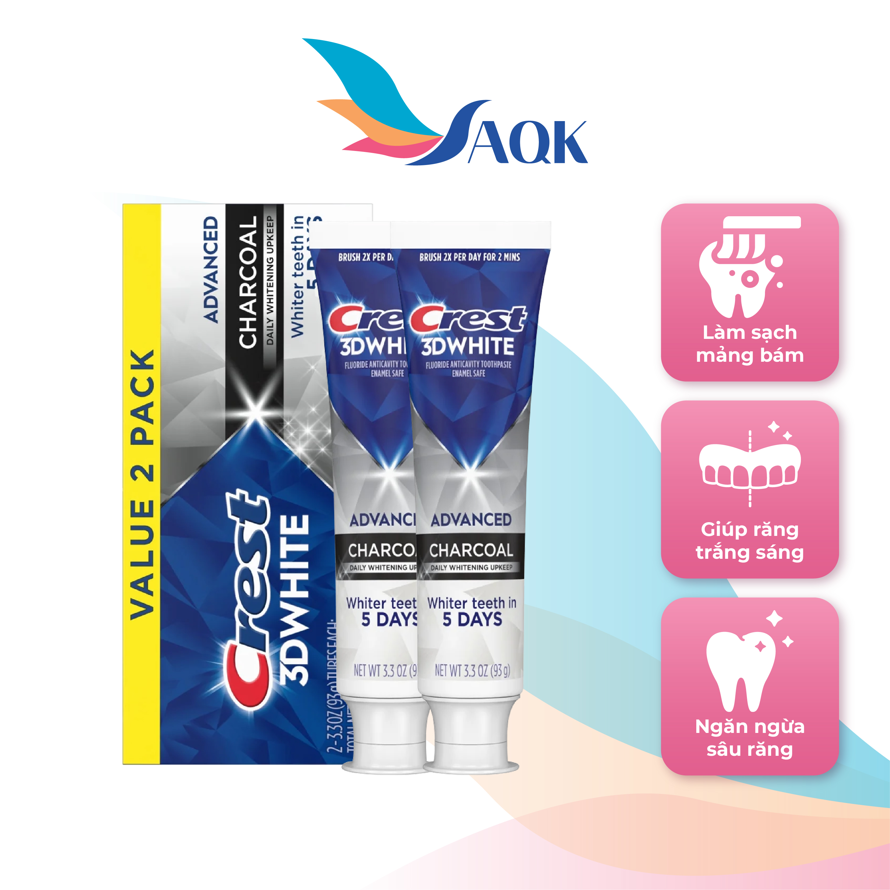 Combo kem đánh răng Crest 3D White Advanced Charcoal (93g x 2) - Giúp làm trắng răng với than hoạt tính và thơm miệng