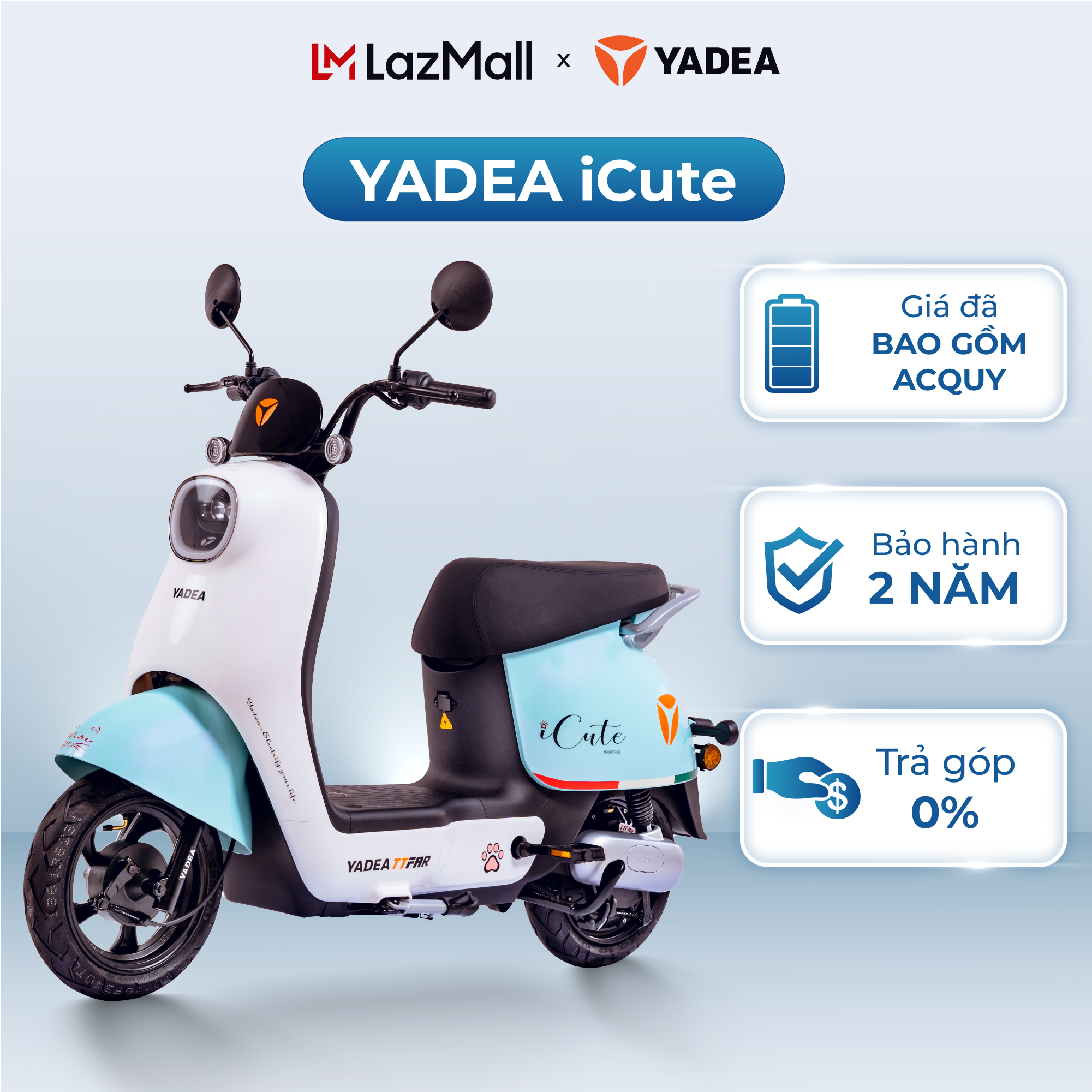   TRẢ GÓP 0%  Xe Máy Điện Yadea iCute Đáng Yêu 70Km Một Lần Sạc Dung Tích Cốp 11 L - Bảo Hành 2 Năm 