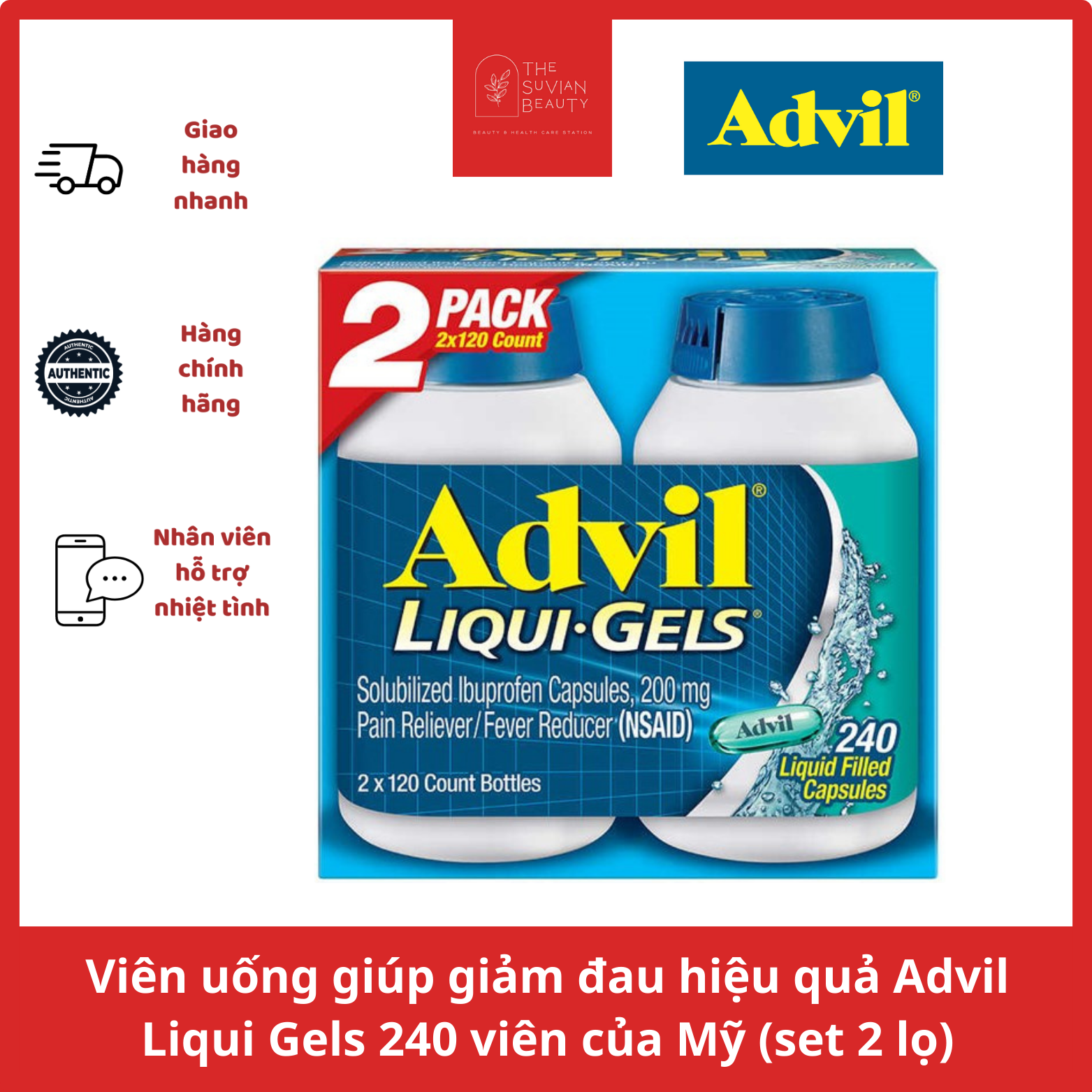 Viên uống giúp giảm đau hiệu quả Advil Liqui Gels 240 viên của Mỹ (set 2 hũ)
