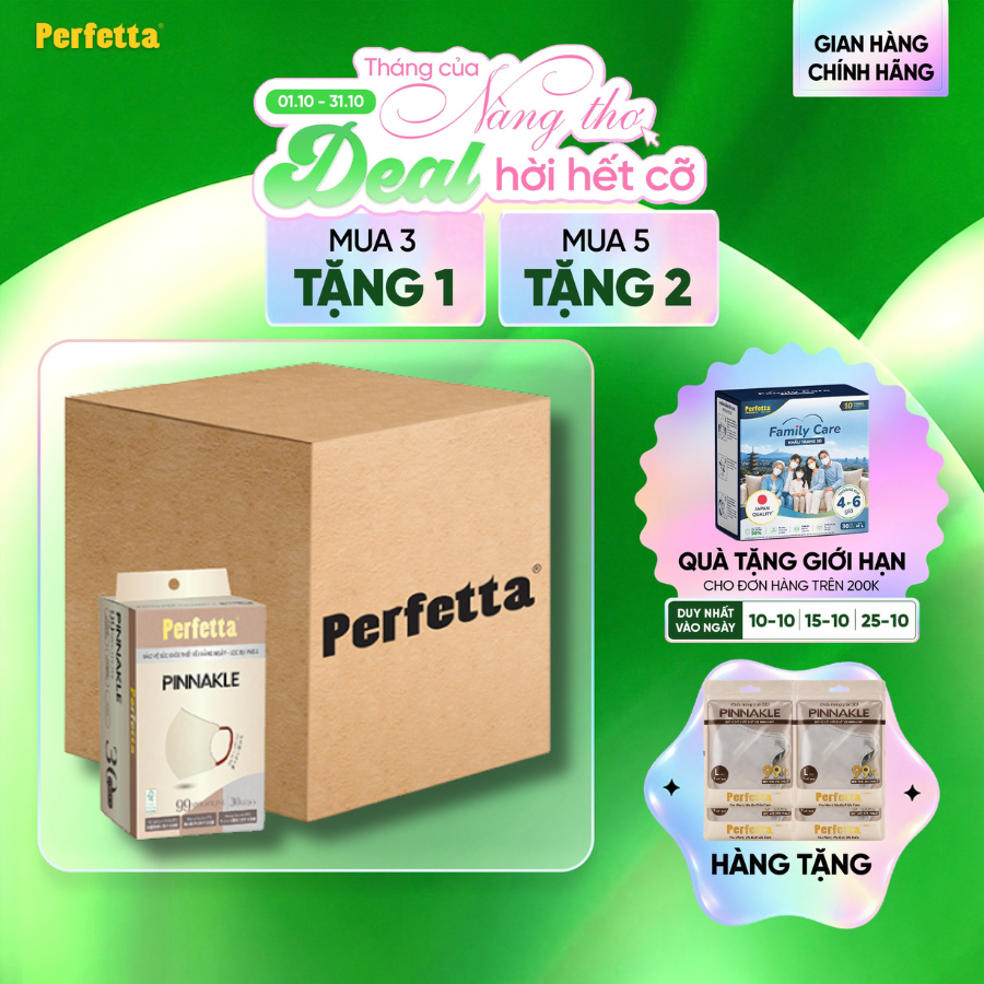 (Tặng 4 gói 5D) Thùng 300 Cái Khẩu Trang Perfetta Pinnakle, Chuẩn From 5D, Lọc Bụi Mịn PM 2.5 (30 cái/hộp)