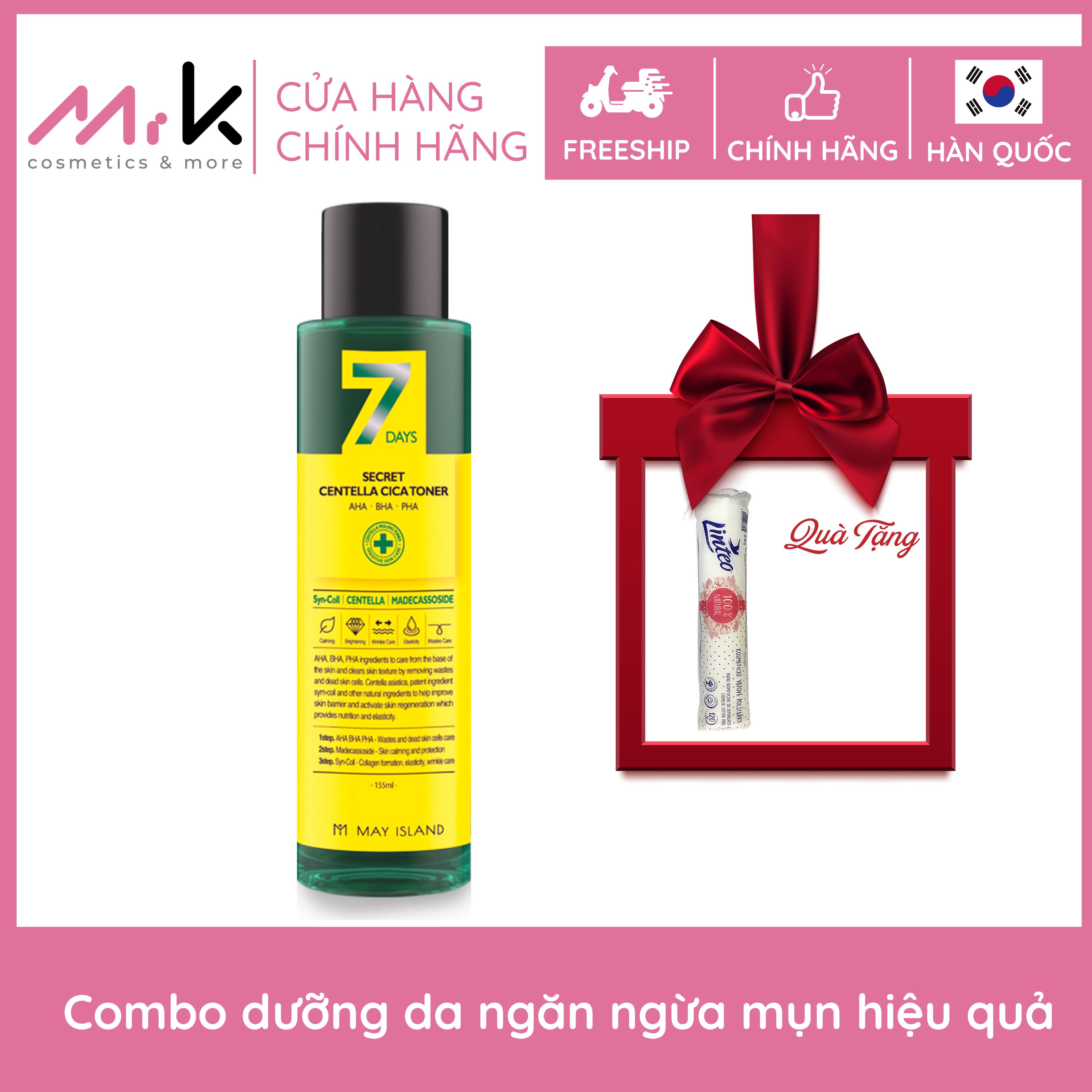[Xả kho] Combo dưỡng da ngăn ngừa mụn số 1 Hàn Quốc với Nước hoa hồng May Island 7days Secret Centella Cica Toner 155ml tặng kèm Bông tẩy trang Linteo 120 miếng