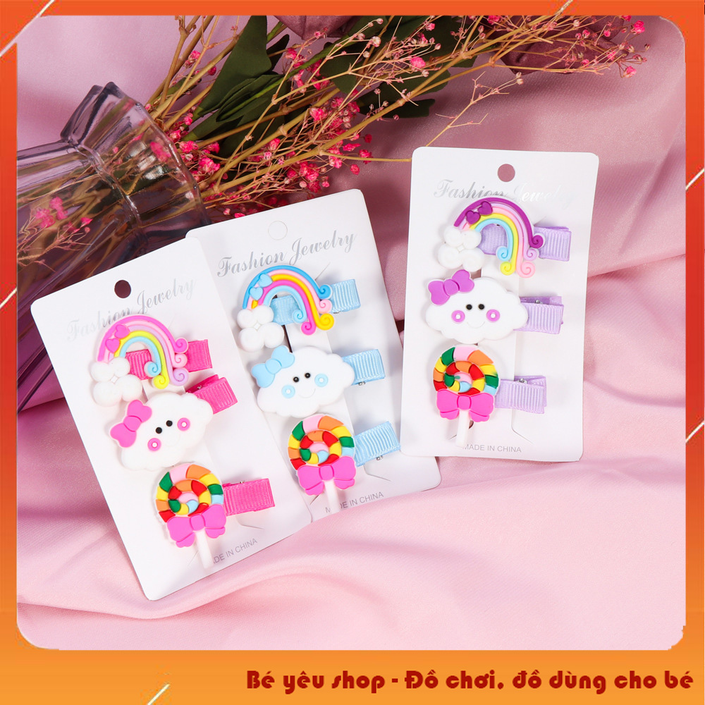 Sét 3 kẹp tóc họa tiết hoạt hình cho bé gái - phụ kiện cài tóc, nơ cài tóc rẻ đẹp cho bé