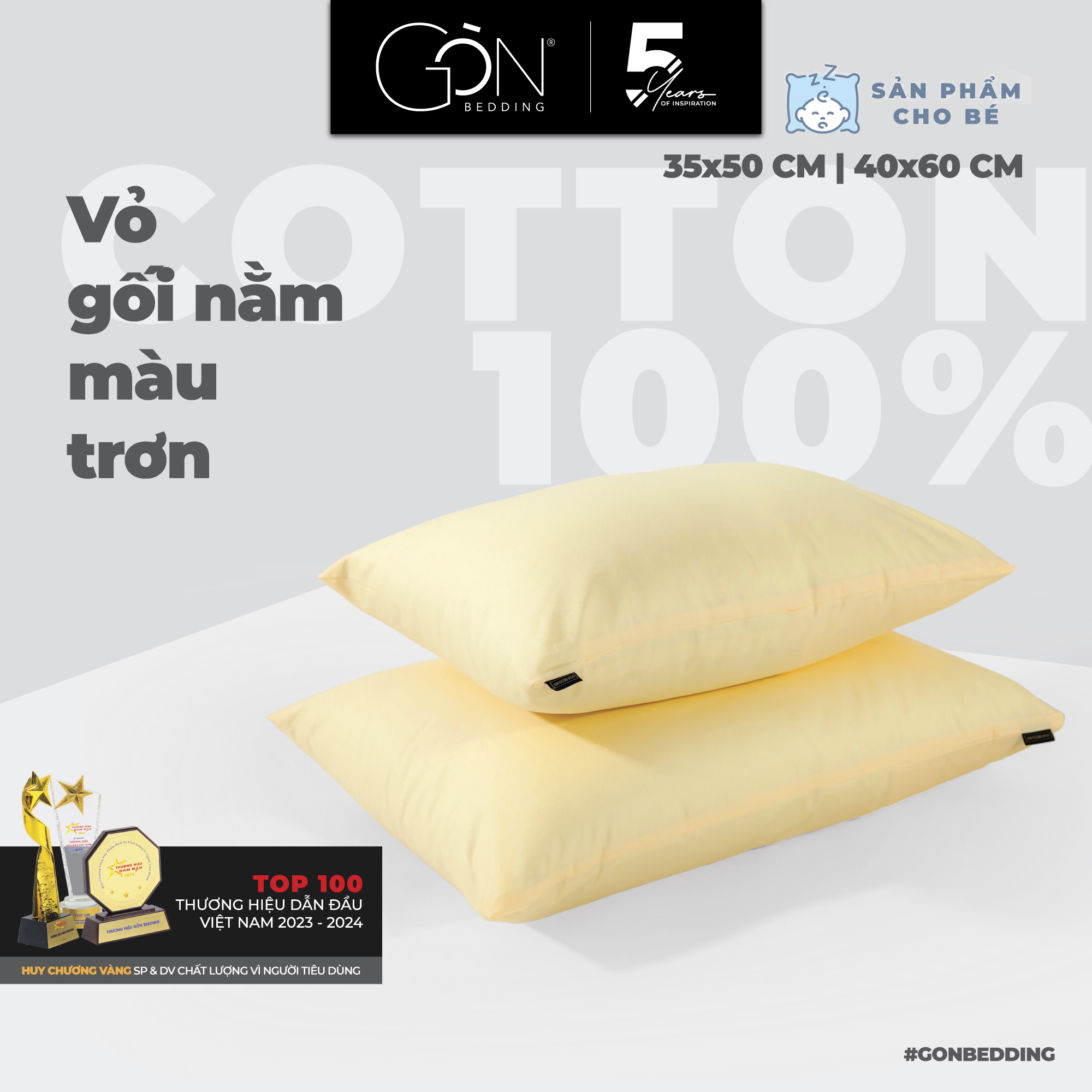 01 Vỏ Gối Nằm Em Bé Gòn Bedding Cotton 100% Hàn Quốc Màu Trơn 40x60 cm | 35x50 cm (chất liệu tự nhiên an toàn cho bé)