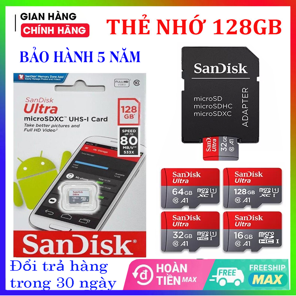 Thẻ nhớ Micro SanDisk Ultra 32GB / 64GB / 128GB Thẻ nhớ 64G Thẻ nhớ 128G Thẻ nhớ 32G Tốc Độ Cao Chuyên Dụng Ghi Hình Camera Điện Thoại Camera Hành Trình Chuẩn Classic 10