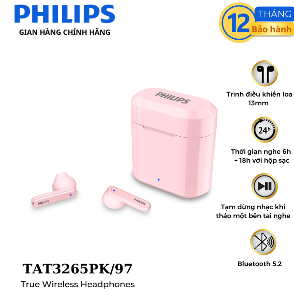 Tai nghe không dây philips tat3265pk/97 - màu đen - bảo hành chính hãng 1 năm