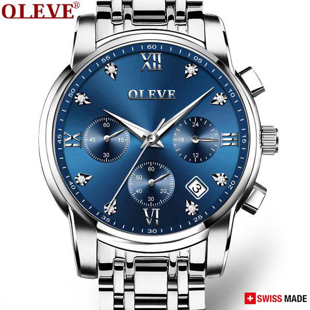 Đồng hồ nam oleve thụy sỹ chạy 6 kim - kính tráng sapphire – dây thép đúc đặt cao cấp full box.