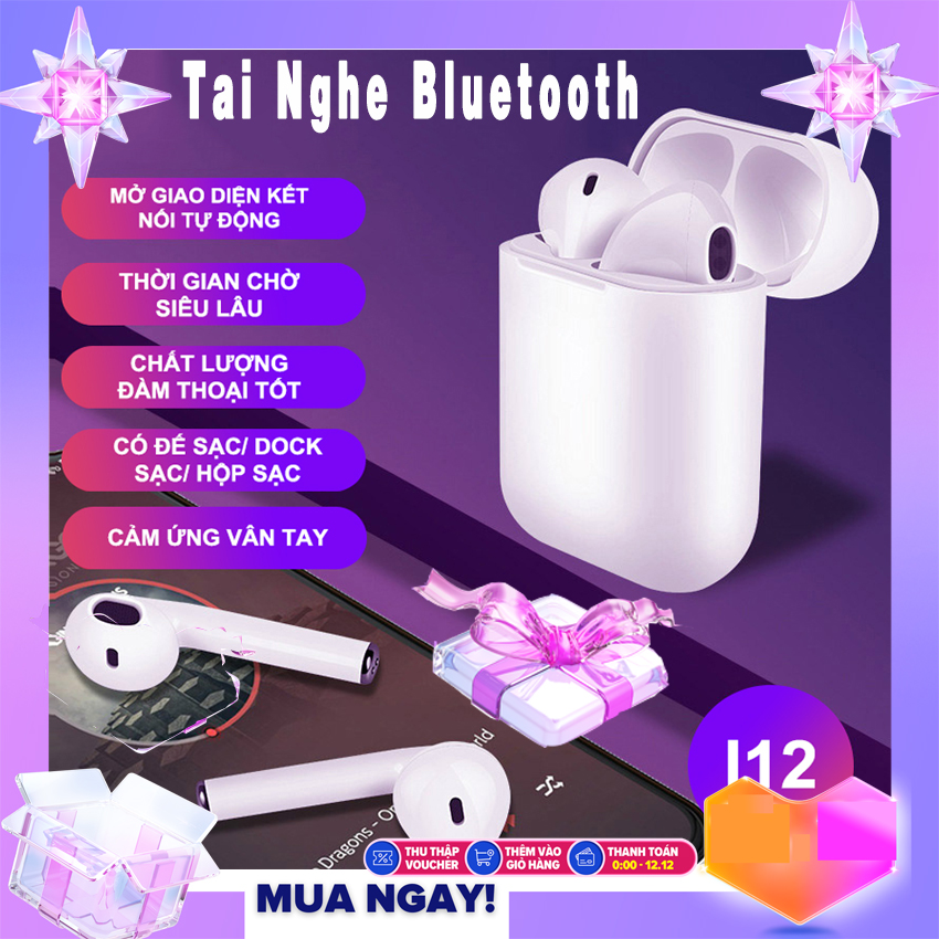 Tai nghe bluetooth i12, tai nghe không dây cảm ứng vân tay, tai nghe âm thanh chất lượng tốt, tai nghe mini giá rẻ màu ngẫu nhiên.