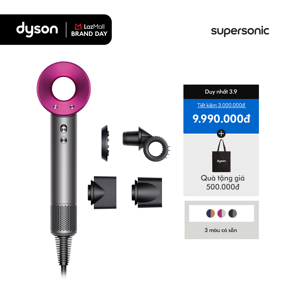 [TỪ 20H 8.9: VC 12% Tối đa 2 Triệu] Máy sấy tóc Dyson Supersonic HD15 (Xám Bạc/Hồng Fuchsia)