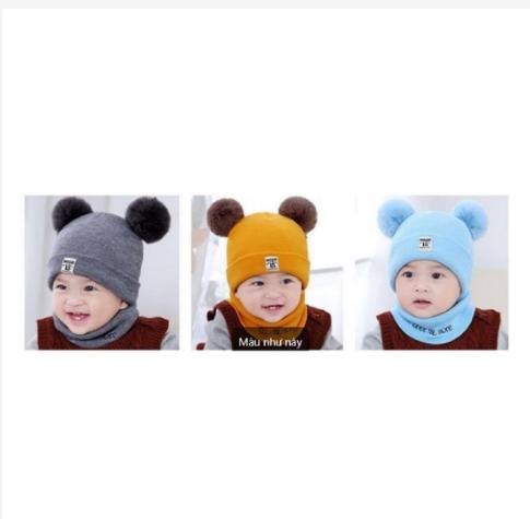 Set mũ 2 quả bông kèm khăn cho bé