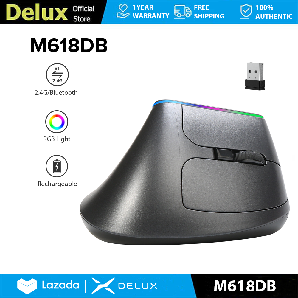 Delux M618DB Chuột dọc không dây tiện dụng 6 nút MAX 2400DPI 2.4GHz Bluetooth có thể sạc lại với đèn RGB Kích thước M cho PC/Laptop/Windows/Mac Deep Gray