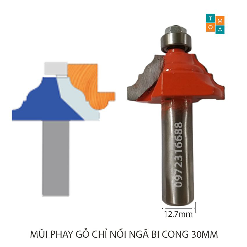 Mũi phay gỗ - mũi soi gỗ đánh chỉ nổi ngã bi cong 30mm cốt 12.7mm