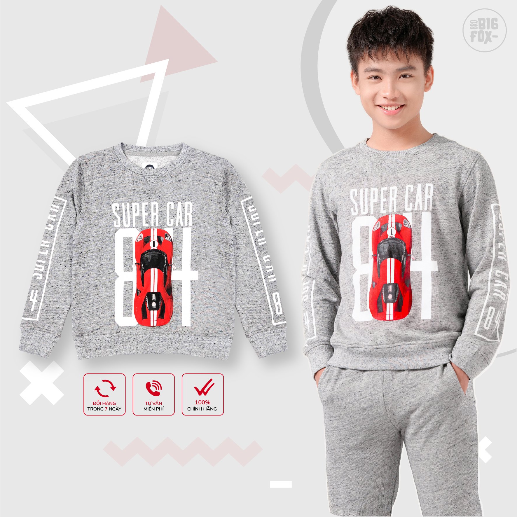 Áo Nỉ Bé Trai BigFox Áo Thu Đông Cho Bé Dài Tay Size Đại In Super Car 12-15