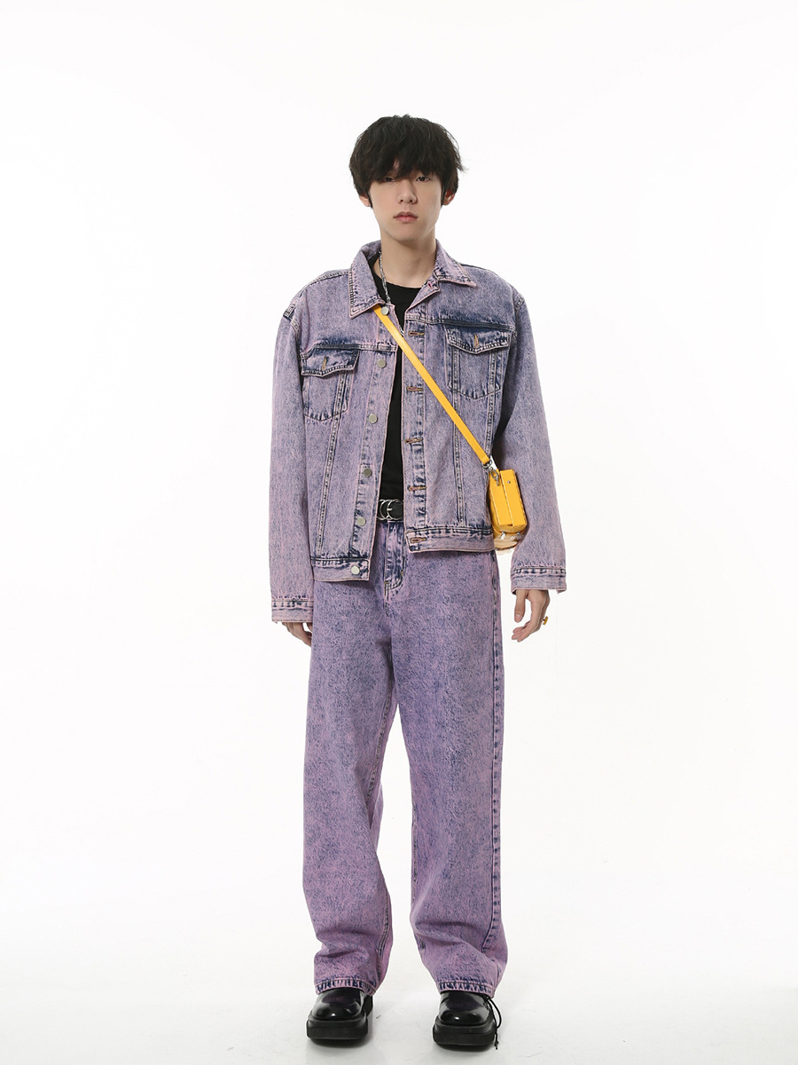 2023 Sản Phẩm Mới Mùa Thu Hàn Quốc Áo Khoác Ngắn Màu Tím Bộ Đồ Denim Ống Đứng Rộng Rãi MK-1