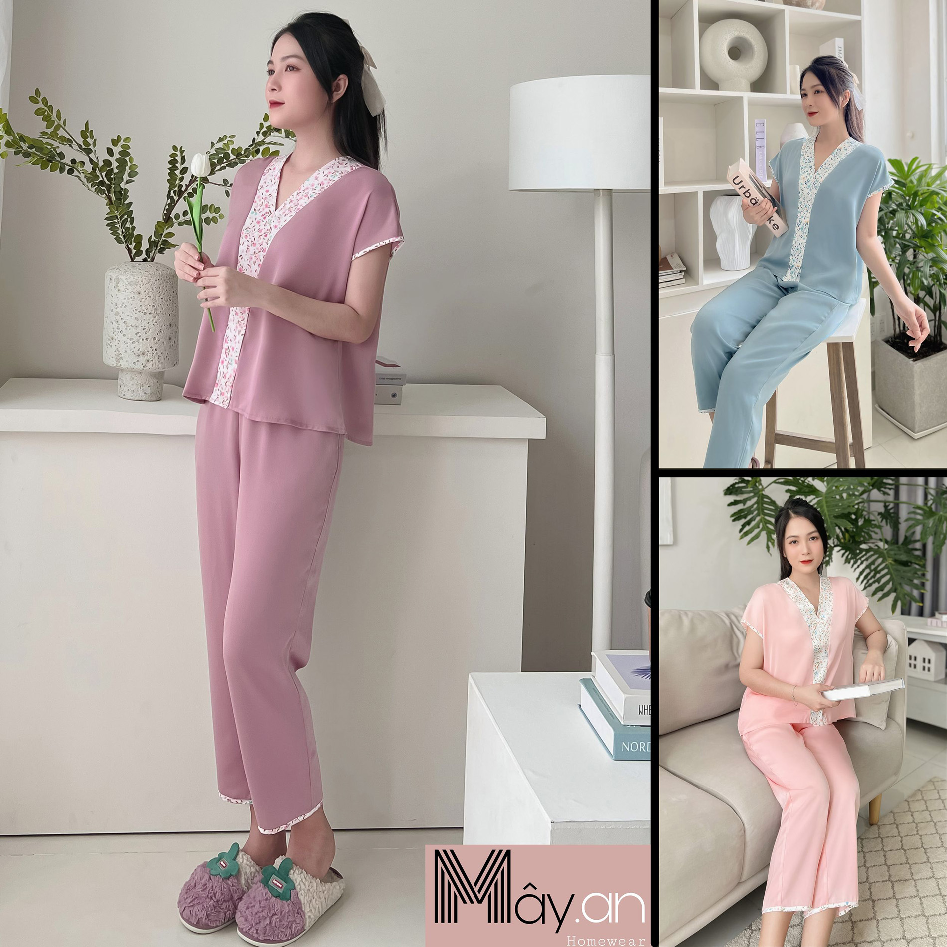 Đồ mặc nhà Mây áo viền hoa lụa nhung cao cấp - quần dài