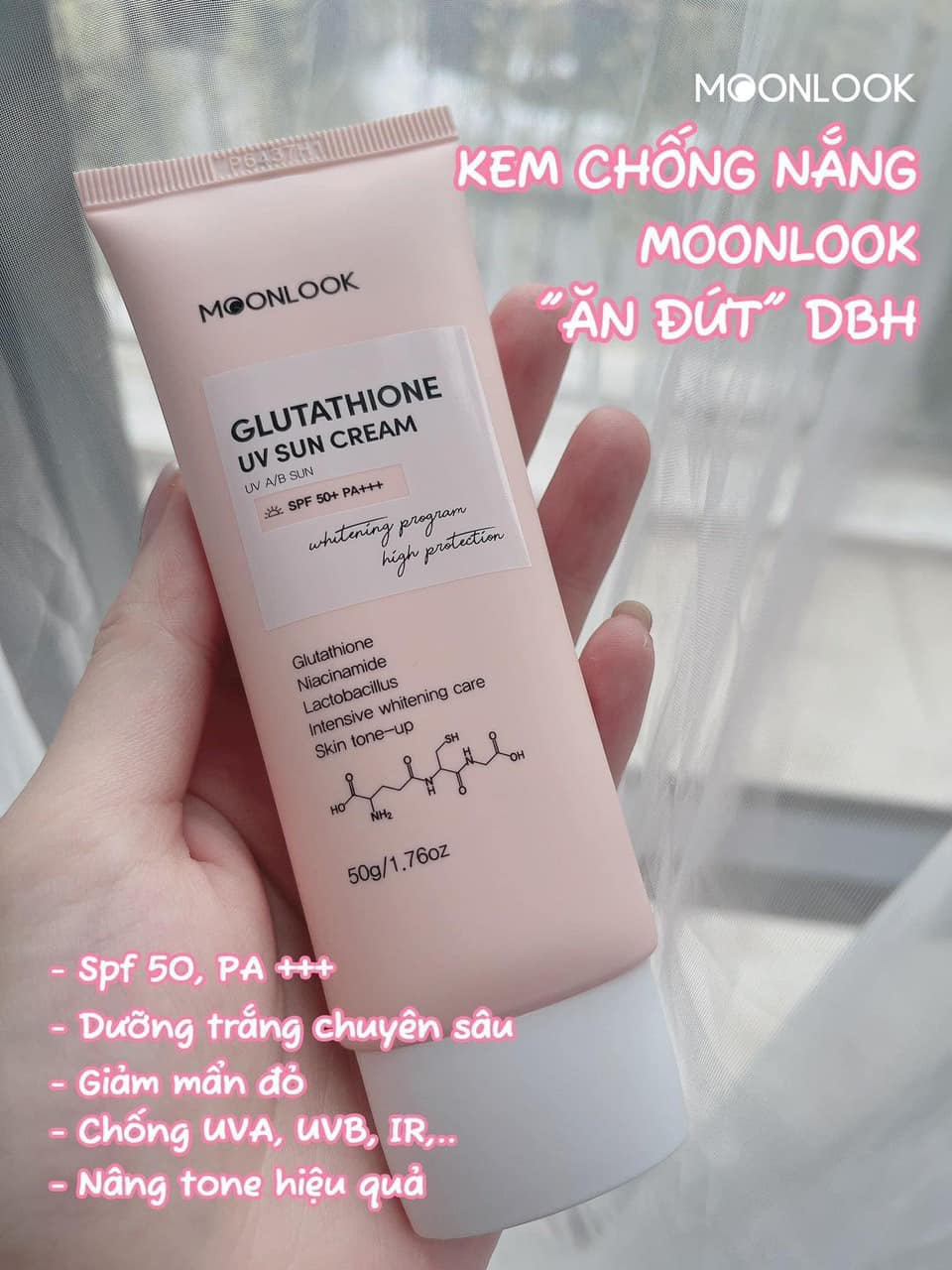 moonlook glutathione uv sun cream KEM CHỐNG NẮNG DƯỚNG SÁNG DA 3 IN 1 SPF50 50G DIETARY:Vegetarian