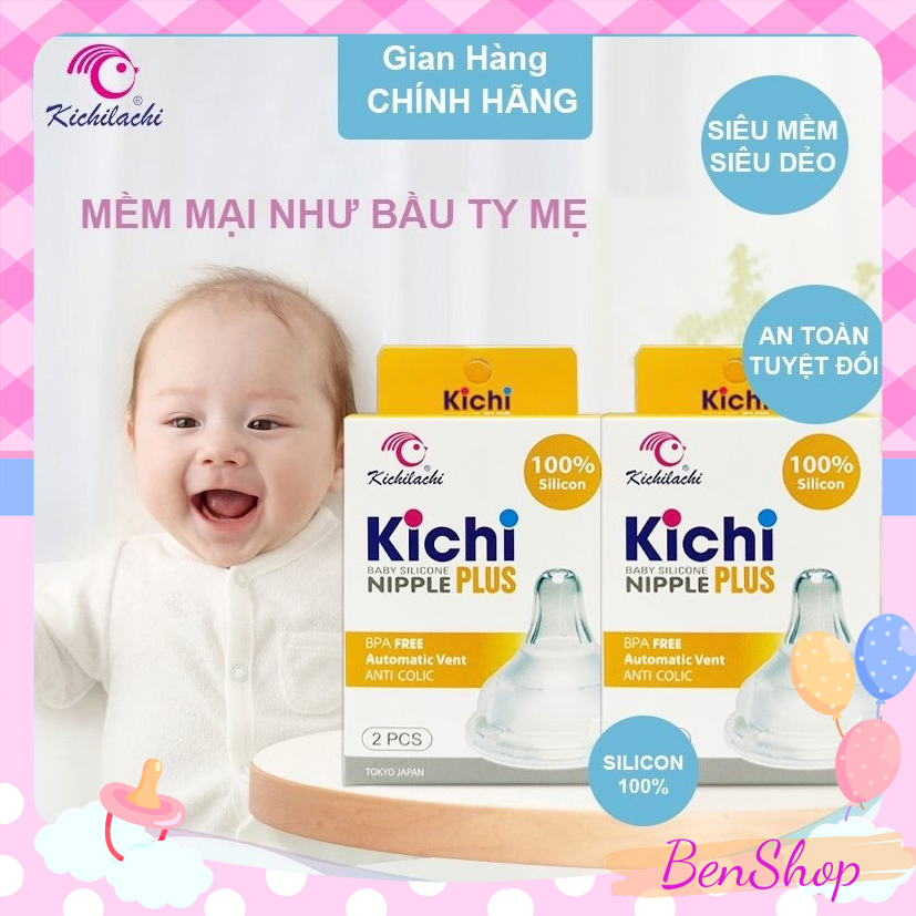 Hộp 2 Núm Ti Kichilachi Plus Cổ Rộng, Chất Liệu Silicon Cao Cấp Siêu Mềm Size L (6 - 9M)