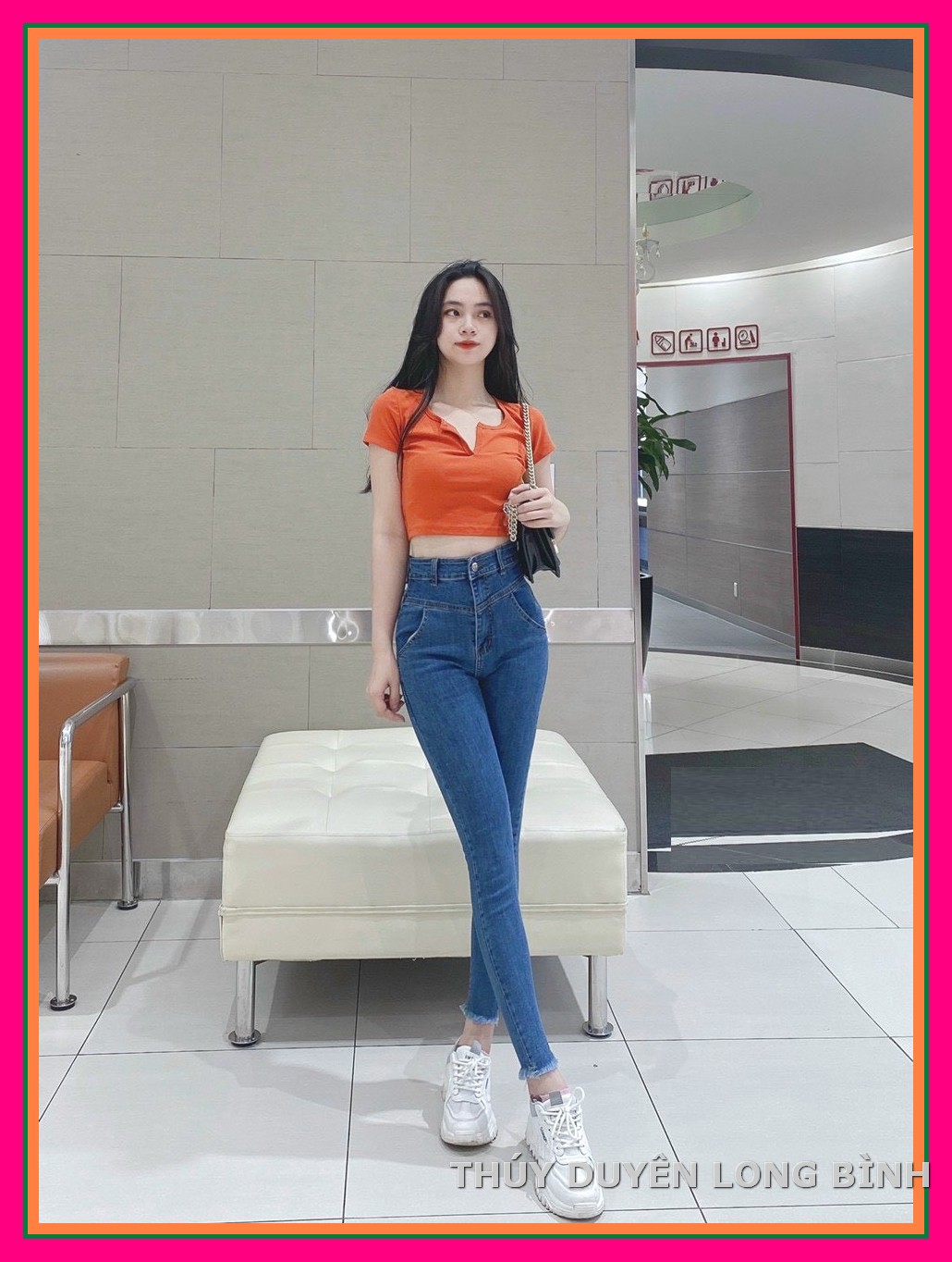 Quần Jean Nữ lưng cao LAI V CHỈ VÕNG TRƯỚC màu xanh quần bò nữ siêu đẹp chất jean giãn tốt -6F1
