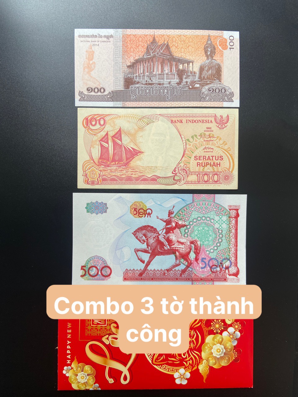 Combo 3 tờ tiền thành công may mắn phong thủy tặng kèm bao đỏ