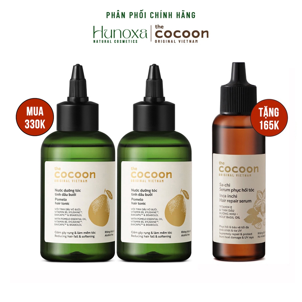 Combo 2 nước dưỡng tóc tinh dầu bưởi Cocoon 140ml tặng serum Sa-chi 70ml giúp giảm gãy rụng & phục hồi tóc - HUNOXA