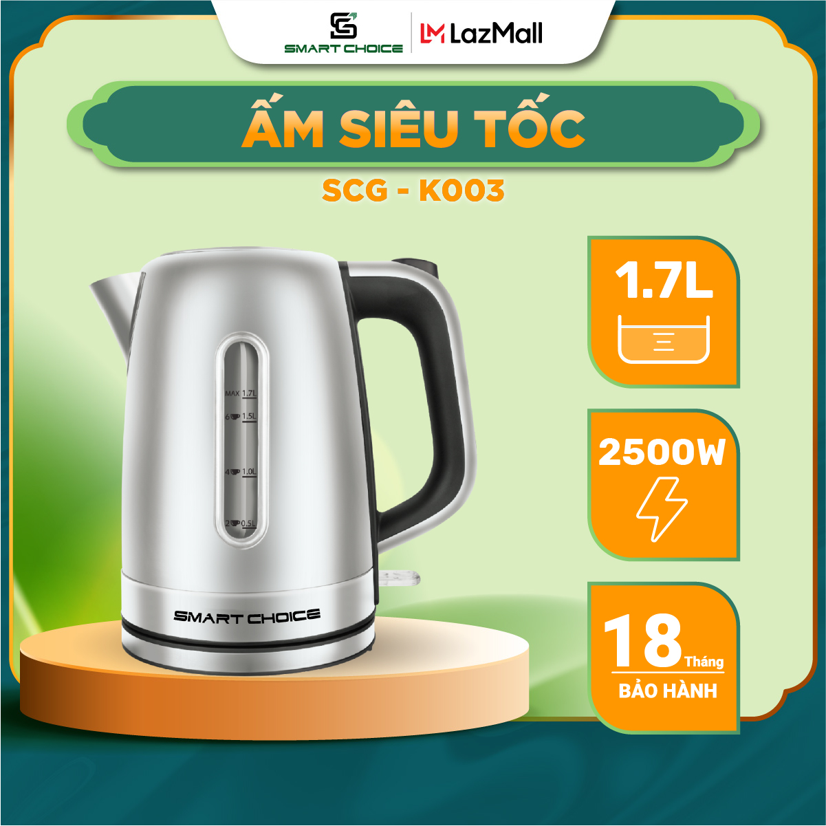 Ấm siêu tốc smartchoice 1.7l inox 304 bộ chỉnh nhiệt strix đun sôi nhanh scg-k003