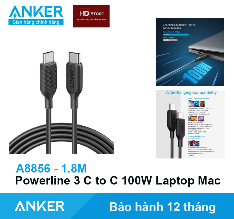 Cáp sạc anker type c to c sạc nhanh 100w 5a powerline iii - a8856 sạc cho laptop mac samsung 61w 65w 87w