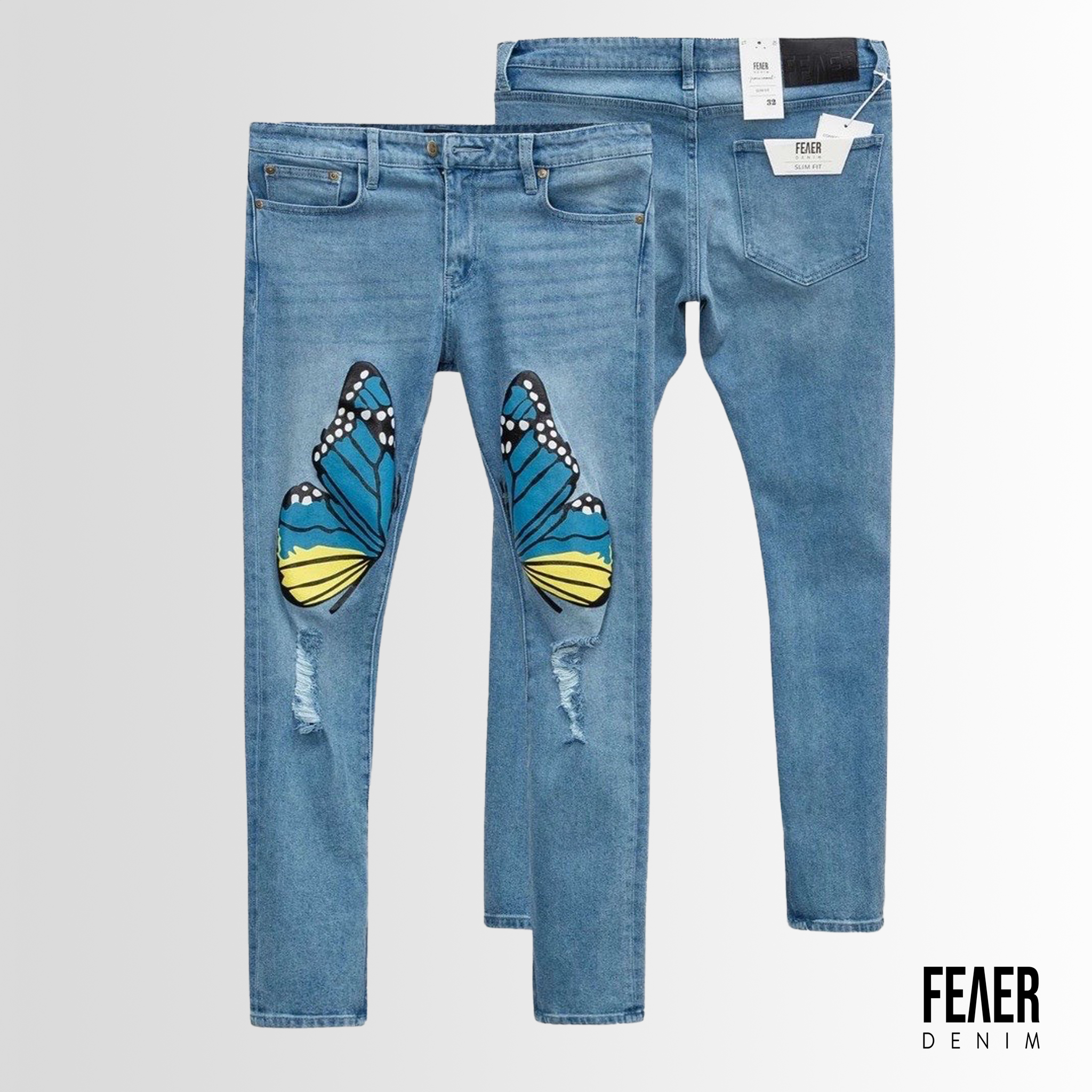 Quần jean nam FEAER DENIM chất thoáng khi co dãn vải bền bỉ SKINNY BUTTERFLY BLUE