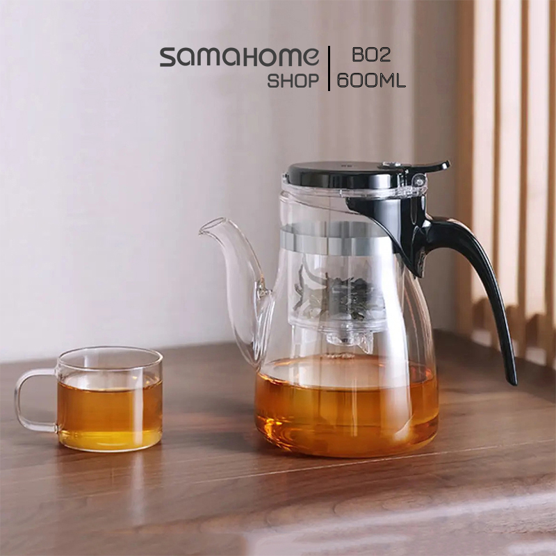 Ấm trà thủy tinh chịu nhiệt Có Van Khóa Samadoyo B02 - 600ml /900ml - Bình trà thủy tinh lõi lọc có van khóa Samahome Shop
