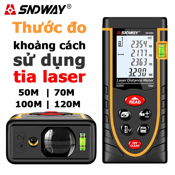 [Tặng kèm 2 pin cho máy] THƯỚC ĐO KHOẢNG CÁCH BẰNG TIA LASER SNDWAY LOẠI 50M - 70M - 100M ĐA NĂNG MỚI - GIACUCSOC