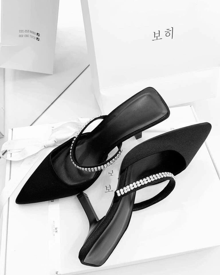 Giày sục cao gót 7cm quai ngang phối đá chất da nhung cực êm chân -G66