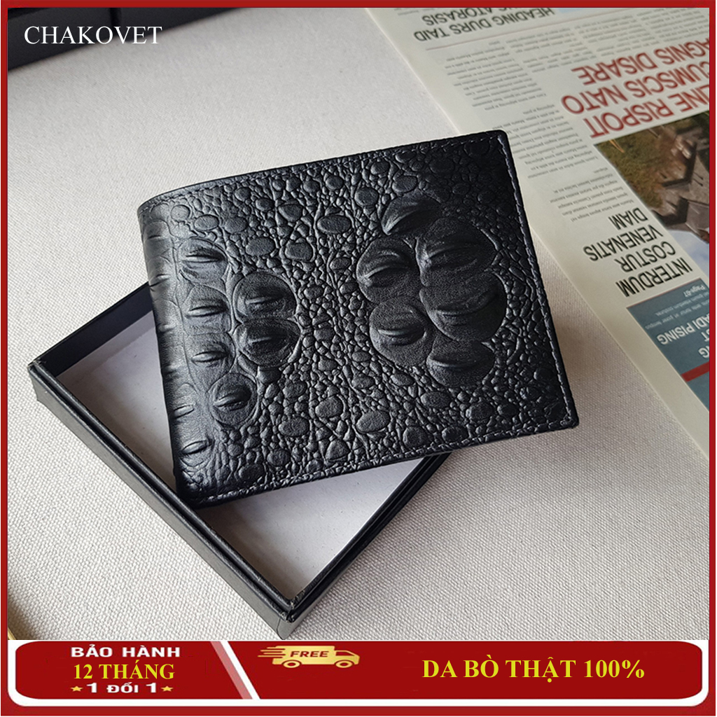 Ví nam da bò Chakovet CKV.99B, Kiểu ví dáng ngang, họa tiết vân cá sấu, nhiều ngăn nhỏ tiện lợi màu nâu, màu đen