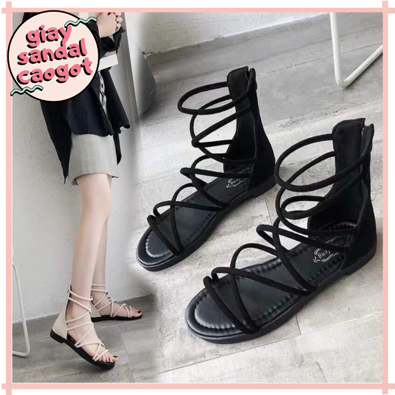 Giày sandal đế bằng phong cách chiến binh màu đen có khóa kéo sau sd-0302